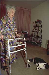 elderly lady with walker and cat on floor