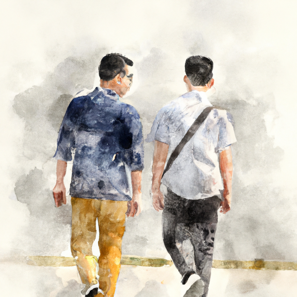 two individuals walking alongside each other.
